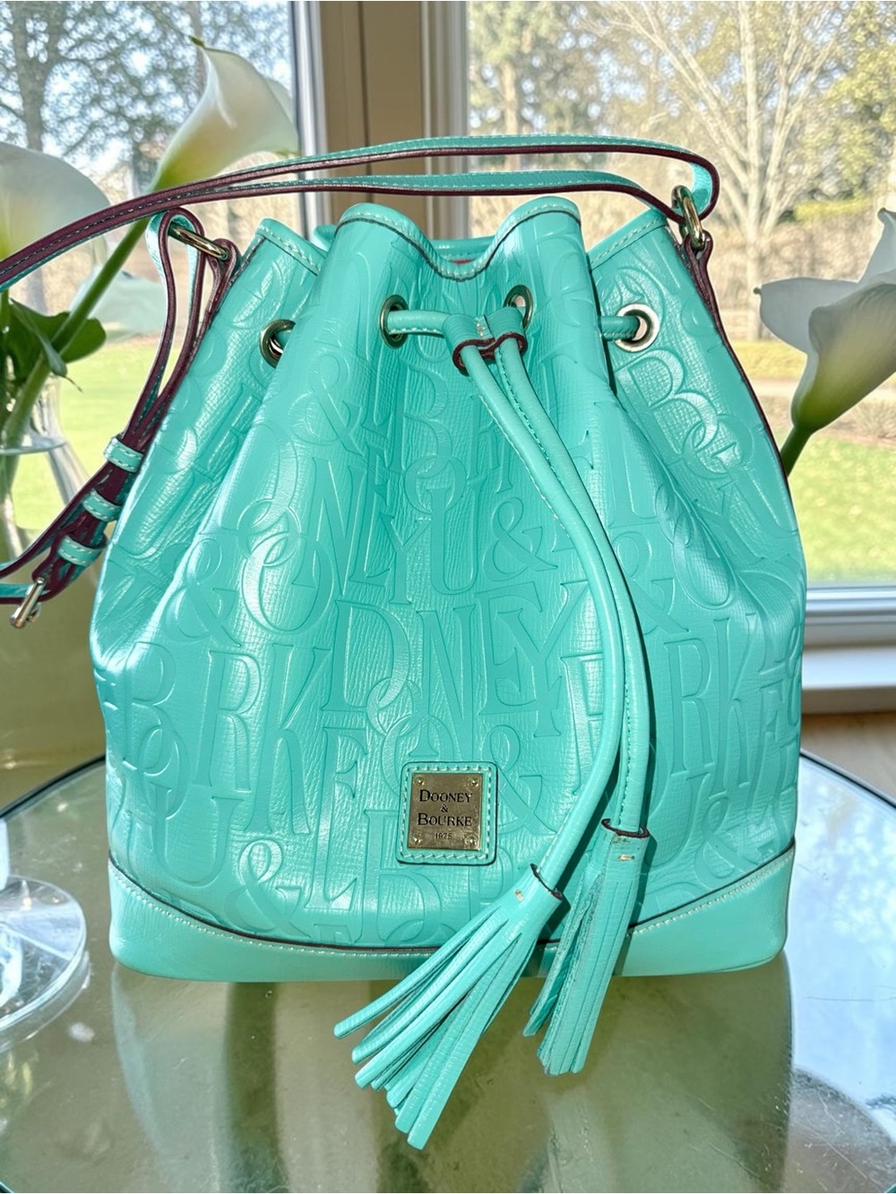 RARE Dooney & Bourke EUC Turquoise Retro Embossed Leather Drawstring Bucket Bag